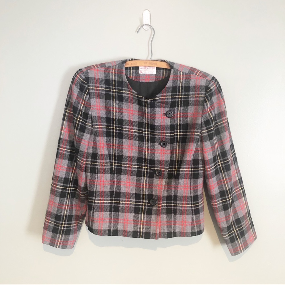 Pendleton Wool Plaid Cropped Blazer Jacket Red